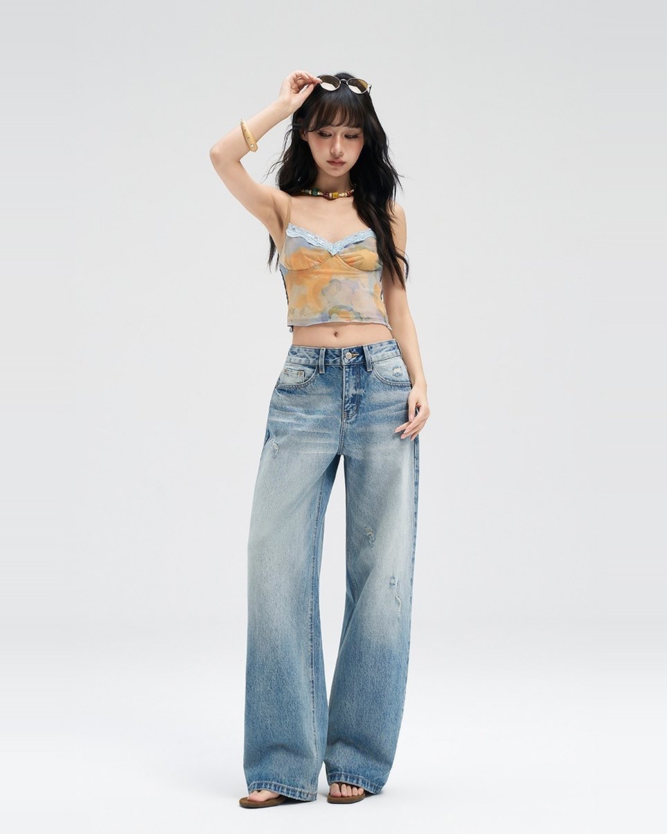 Distressed Wide-Leg Jean in vintage wash, styled